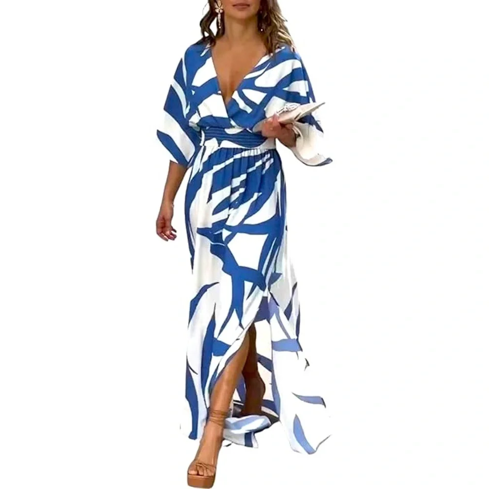 Kimono Sleeve Side Slit Printed Dress - Picture 1 of 3